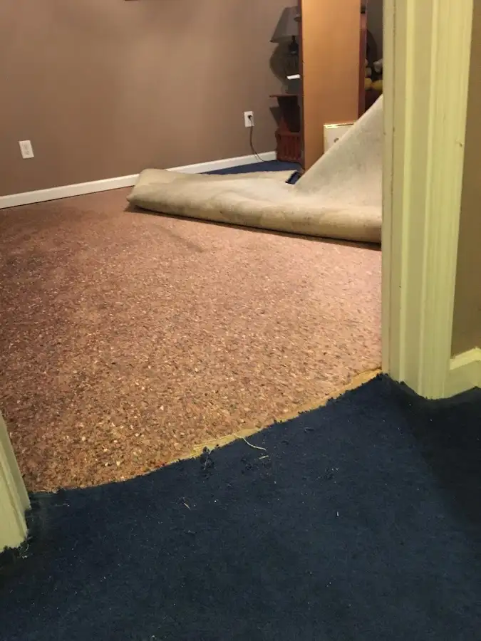 Carpet pad removal revealing water damage during Drying & Dehumidification in Haddam